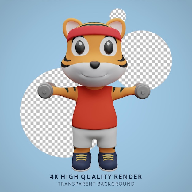 PSD cute tiger fitness y gimnasio mascot 3d animal cartoon character