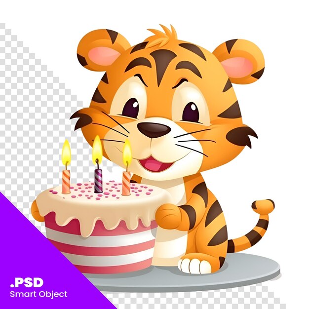 PSD cute tiger mit geburtstagskuchen und kerze auf weißem hintergrund illustration psd vorlage