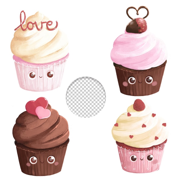 Cute Valentines happy cupcakes set estilo kawaii