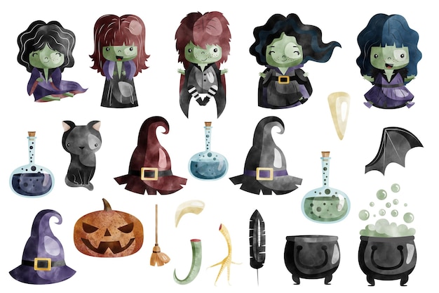 Cute Watercolor Halloween Witches and Accessories