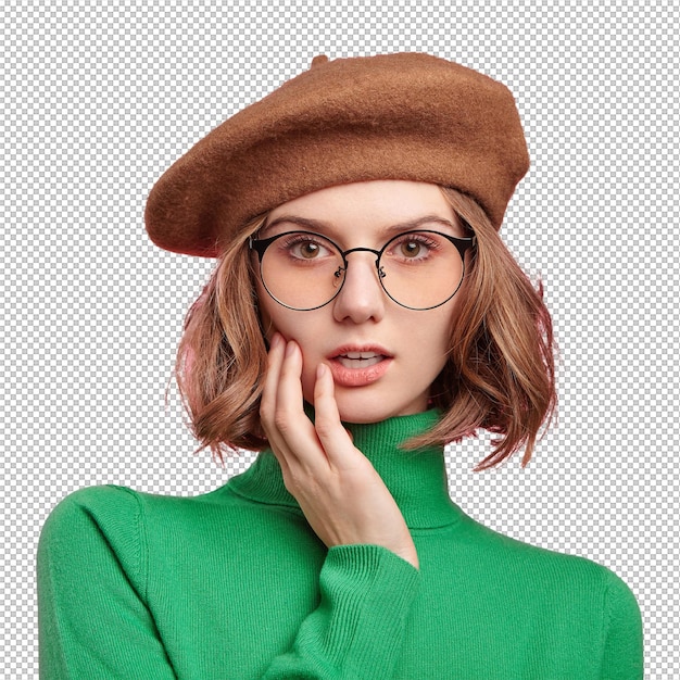 Cute woman in beret and turtleneck sweater