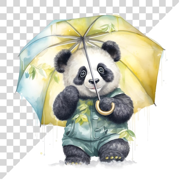 PSD cute zeichentrick-aquarell-panda mit regenschirm auf einem transparenten hintergrund