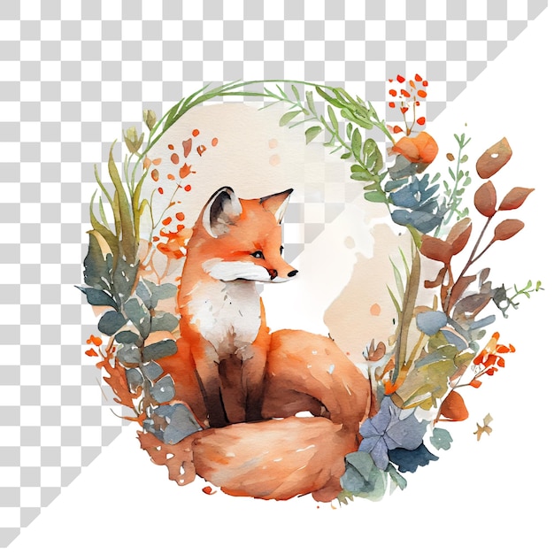 Cute zeichentrick-wasserfarbe roter fuchs auf einem transparenten hintergrund