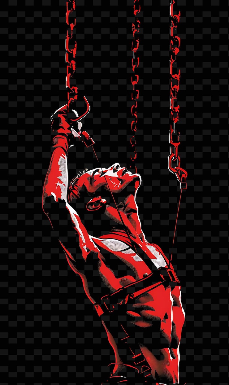 PSD cyber enhanced acrobat con un gancio di aggrappamento in un swinging p flat illustrazione ritratti di personaggi