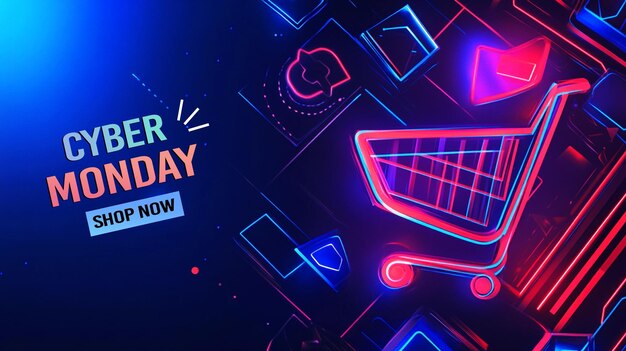 Cyber lunes concepto de venta de descuento con tema azul y púrpura con carrito de compras