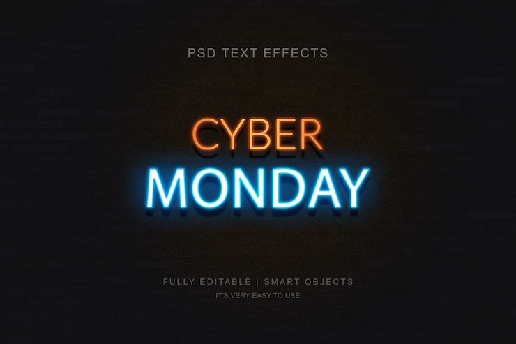 PSD cyber monday banner and photoshop neon text effect