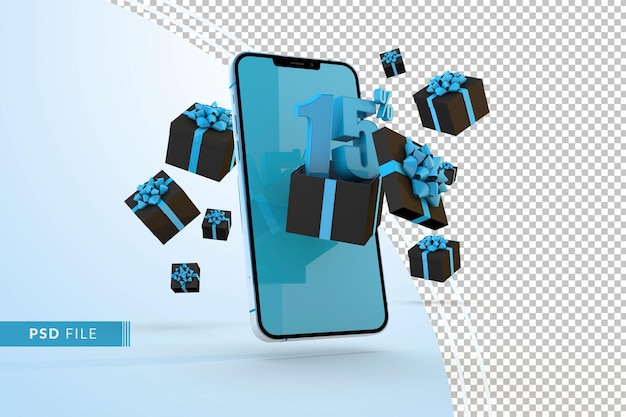 Cyber Monday Sale 15 Prozent Rabatt auf digitale Werbeaktionen mit Smartphone und Geschenkboxen