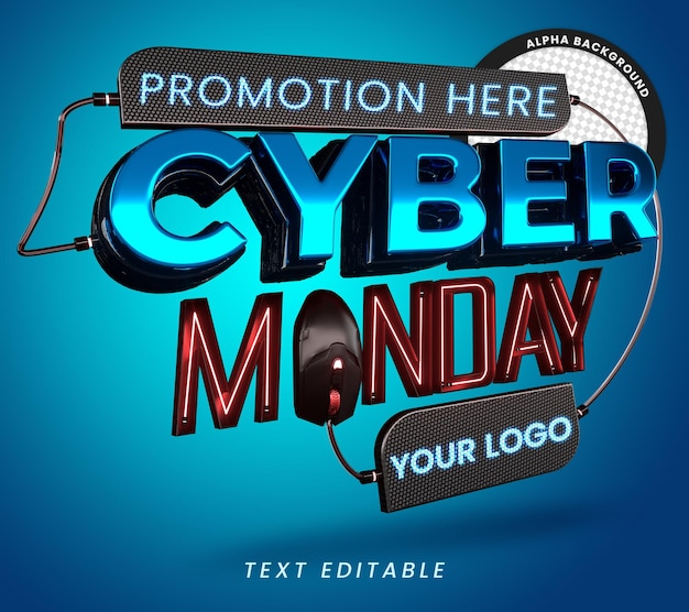 PSD cyber monday sello promocional 3d para composición con texto editable