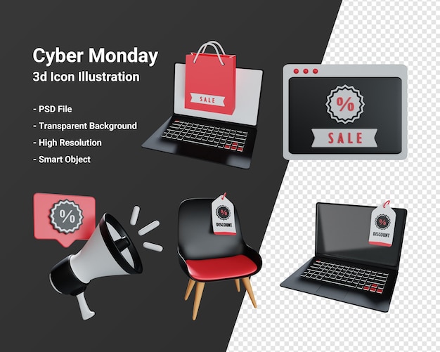 PSD cyber monday und online-shopping 3d-symbol illustration