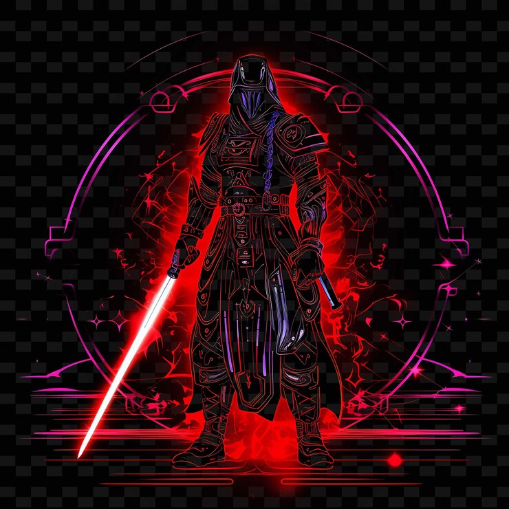 PSD cyber samurai diseño límite líneas de neón estilo katana desi png y2k formas artes ligeras transparentes