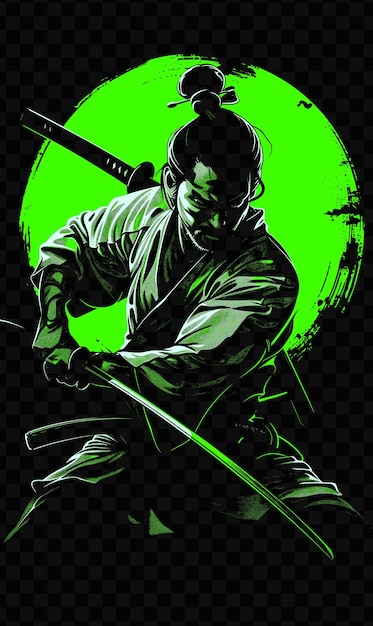 PSD cyber samurai con una katana de plasma en una postura de duelo enfocado en el diseño de camisetas, arte y contorno de tinta de tatuaje