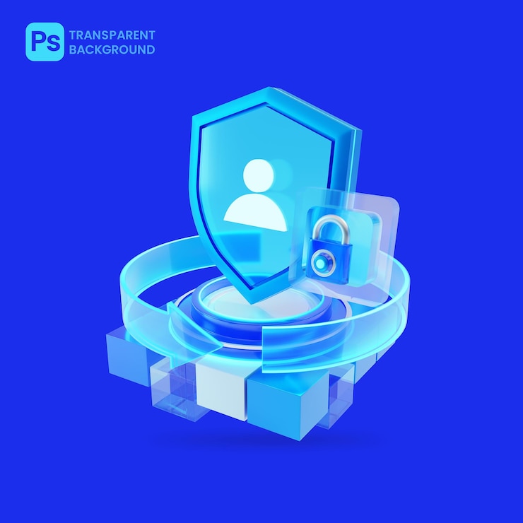 PSD cyber security technology and blue glass padlock