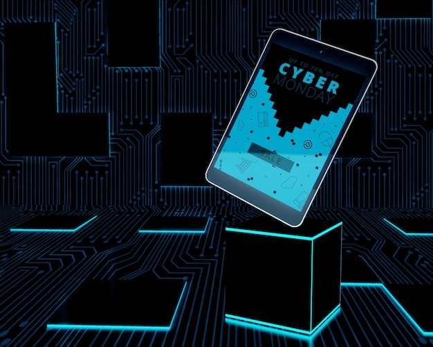 Cyber segunda-feira tablet definido no cubo de néon