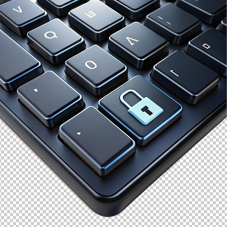 PSD cyber-sicherheit schwarze futuristische tastatur auf durchsichtigem hintergrund