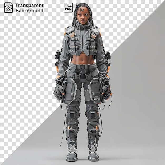 PSD cybernetic urbain militaire machine corps glitch visage femme modèle moitié longueur corps photo avant d'une femme avec une arme à feu sur son épaule