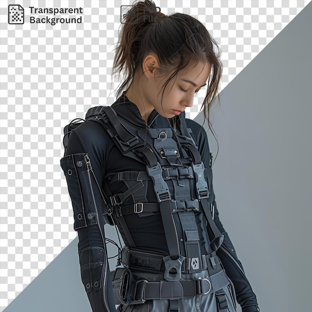 PSD cybernetic urbain militaire machine robot samouraï belle femme modèle demi-longueur du corps machine photo frontale d'une femme avec de longs cheveux bruns et une petite oreille portant un noir