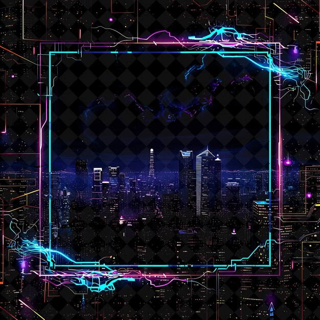 PSD cyberpunk cityscape arcane frame com energia giratória tendri neon color frame colecção de arte y2k