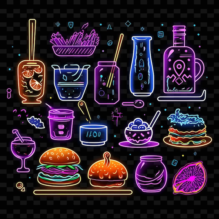 PSD cyberpunk comida diseño límite estilo de líneas de neón bebida de neón png formas y2k artes de luz transparentes
