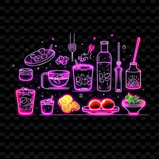 PSD cyberpunk food borderline design neon lines style neon drink png y2k formen transparente lichtkunst