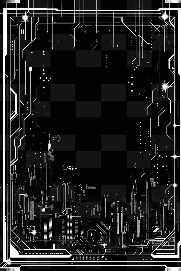 PSD cyberpunk frame art con neon cityscape y circuit board de y2k shape decoración de carteles creativos