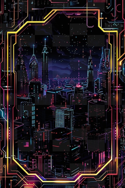 PSD cyberpunk-rahmenkunst mit neon-stadtbild und leiterplatten de y2k form kreatives schilddekor