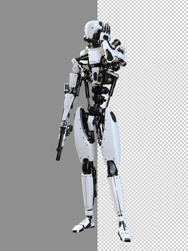 PSD cyberpunk robot con pistola aislado 3d render