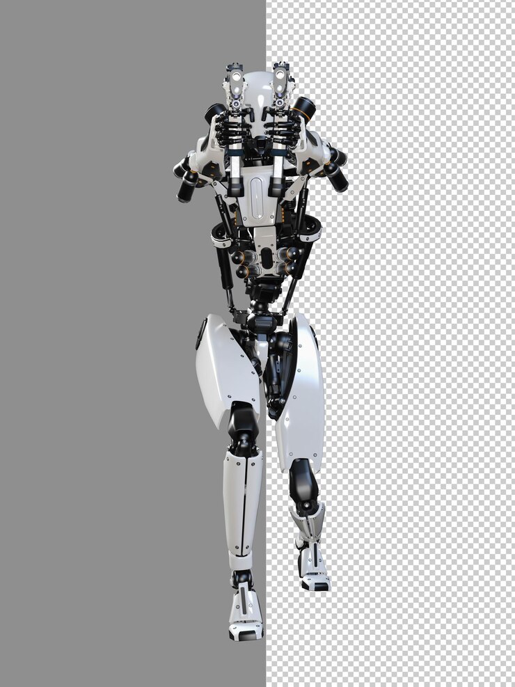 PSD cyberpunk robot con pistola aislado 3d render