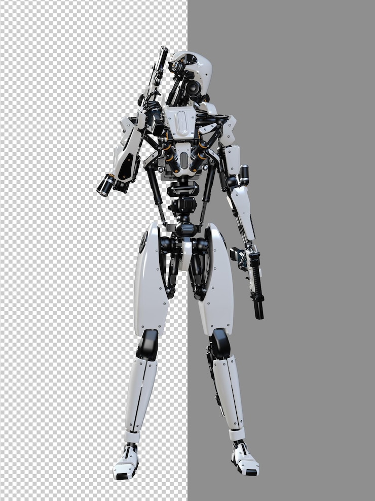 PSD cyberpunk robot con pistola aislado 3d render