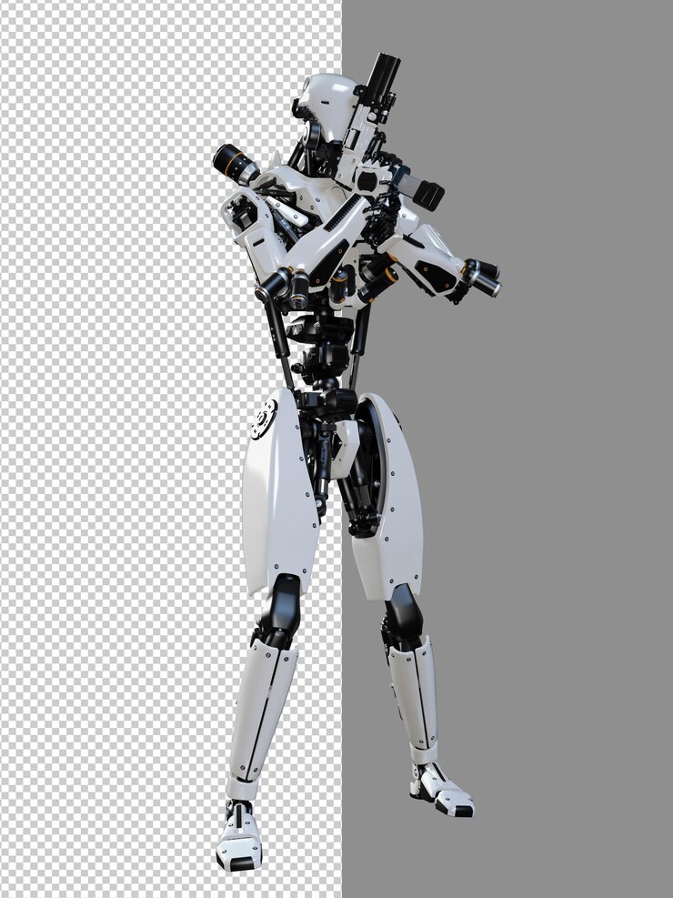 PSD cyberpunk robot con pistola aislado 3d render