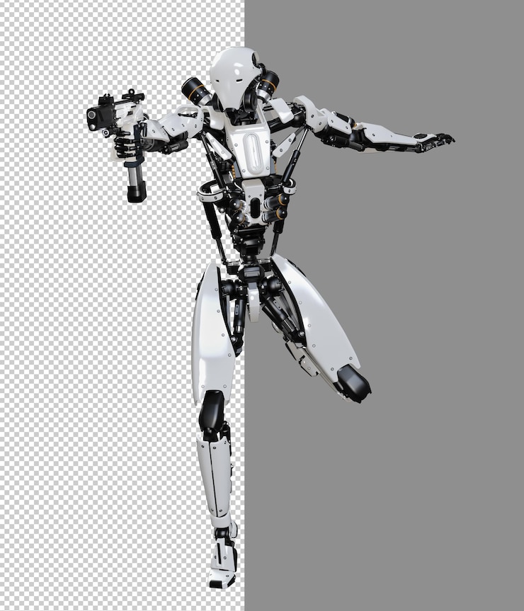PSD cyberpunk robot con pistola aislado 3d render