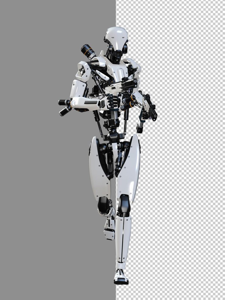 PSD cyberpunk robot con pistola aislado 3d render