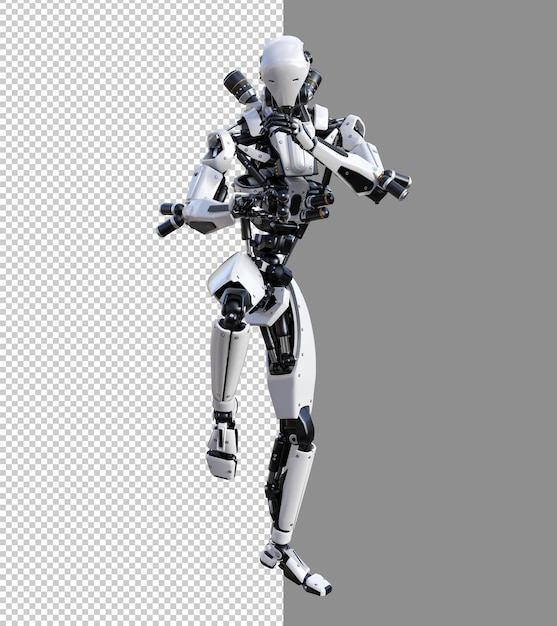 Cyberpunk-roboter mit muay-thai-pose isoliert 3d-rendering