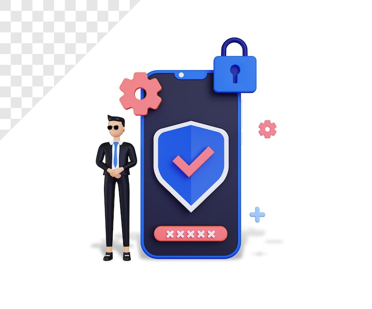 PSD cybersécurité 3d avec smartphone et icône de protection