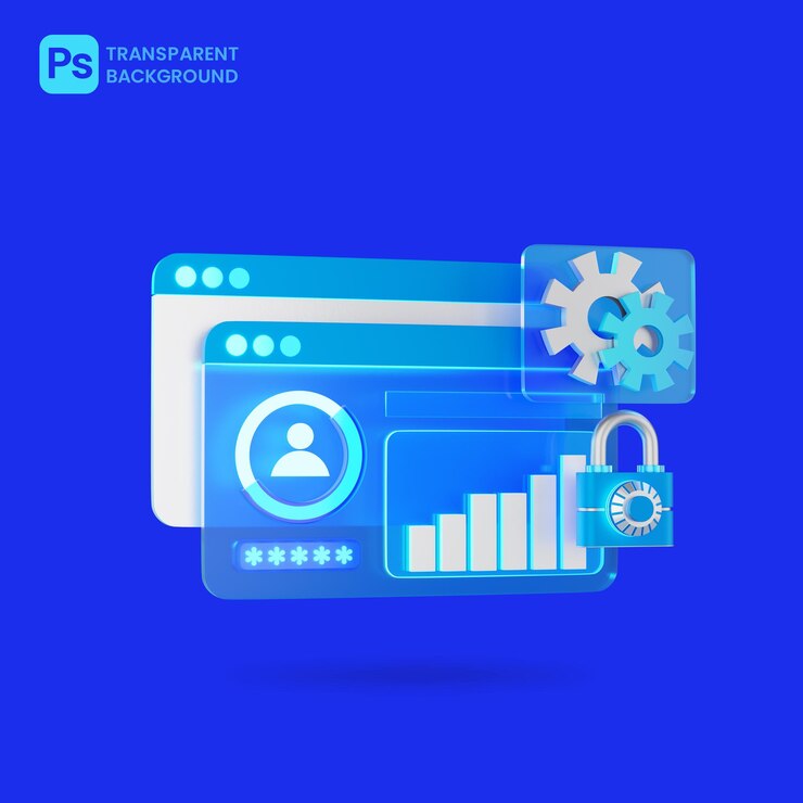 PSD cybersécurité pour l'interface utilisateur du site web montrant l'analyse du marketing numérique et l'icône 3d du cadenas