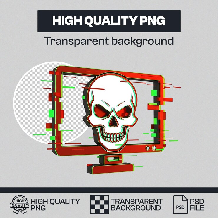 PSD cybersecurity threat computer monitor with skull