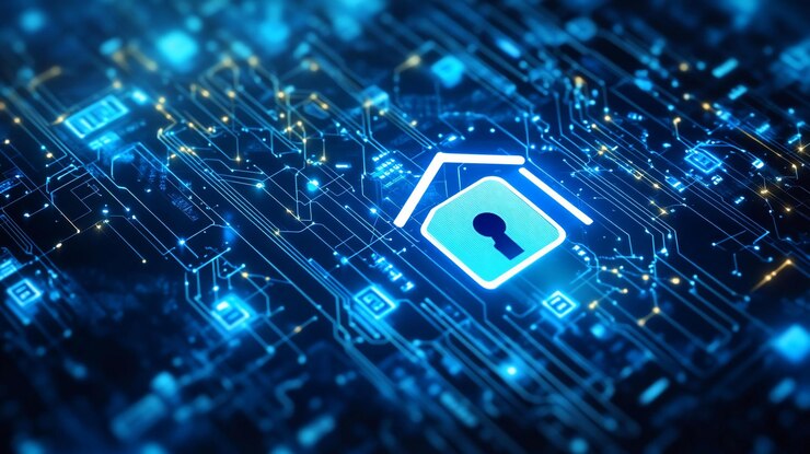 PSD cybersicherheits-heimnetzwerksschutz digitales schloss schlüsselloch-schaltplatte leuchtend blau