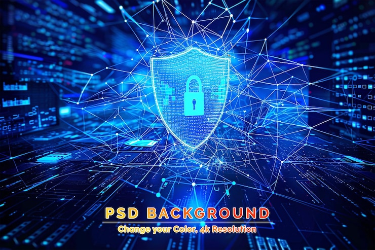 PSD cybersicherheitskonzept schild mit schlüsselloch-symbol auf digitalem daten-hintergrund
