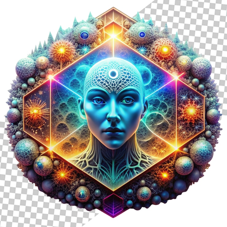 PSD cyborg cara wireframe holograma 3d renderización de la inteligencia artificial concepto de aprendizaje automático