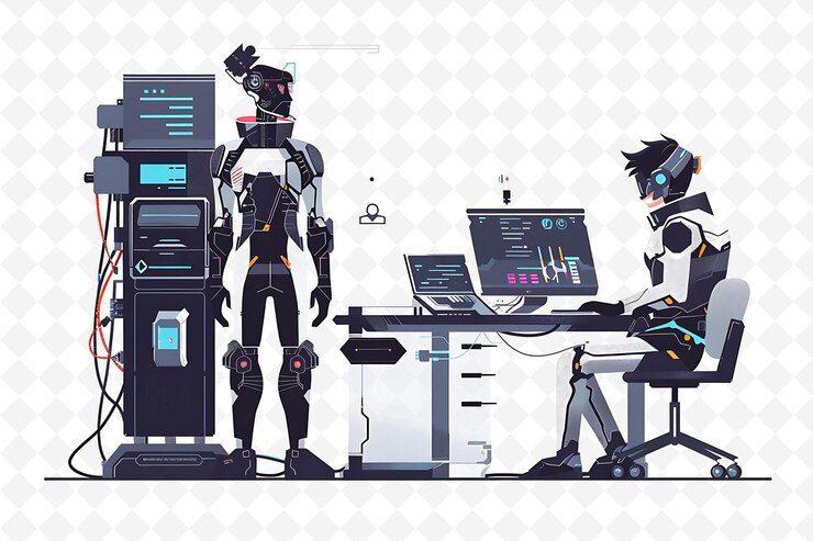 PSD cyborg caracteres hacking en un diseño de mainframe es alto te flat ilustración festival arte temático