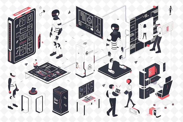PSD cyborg characters hacking into a mainframe design is high te flat illustration festival theme art