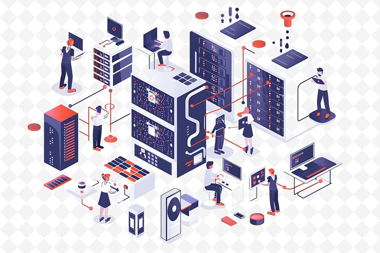 PSD cyborg-charaktere, die sich in ein mainframe-design hacken, sind hoch te flat illustration festival theme art
