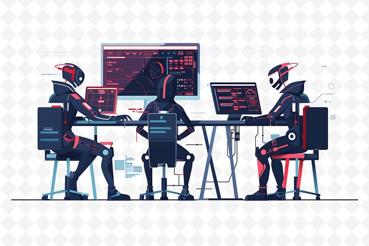 PSD cyborg-charaktere, die sich in ein mainframe-design hacken, sind hoch te flat illustration festival theme art