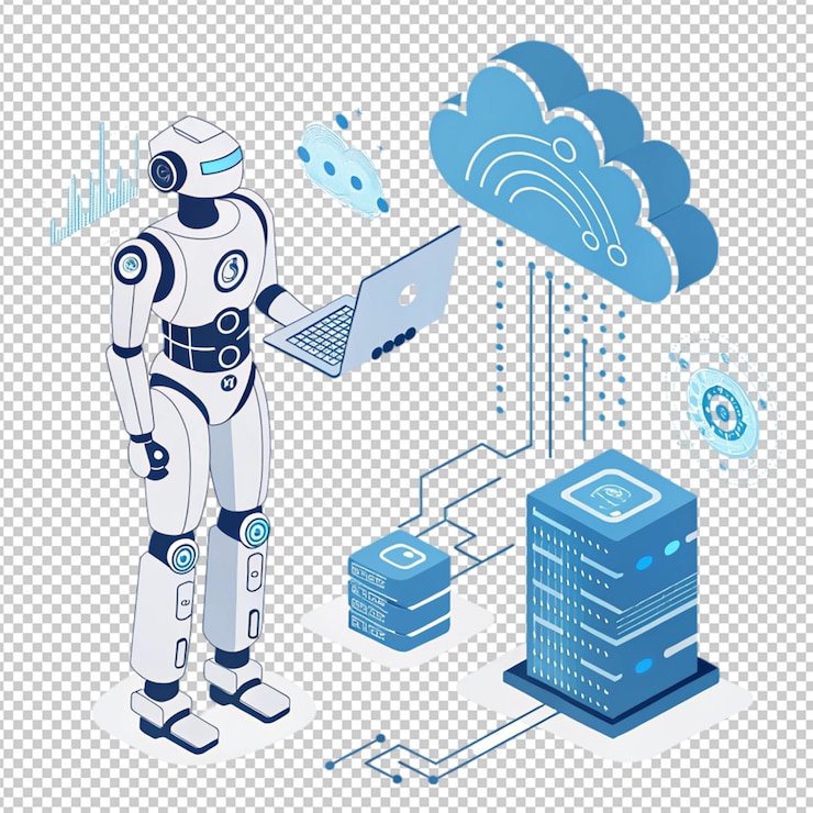 PSD cyborg robot d render automatización de procesos robóticos análisis de datos rpa en la sala de servidores generativo aigener