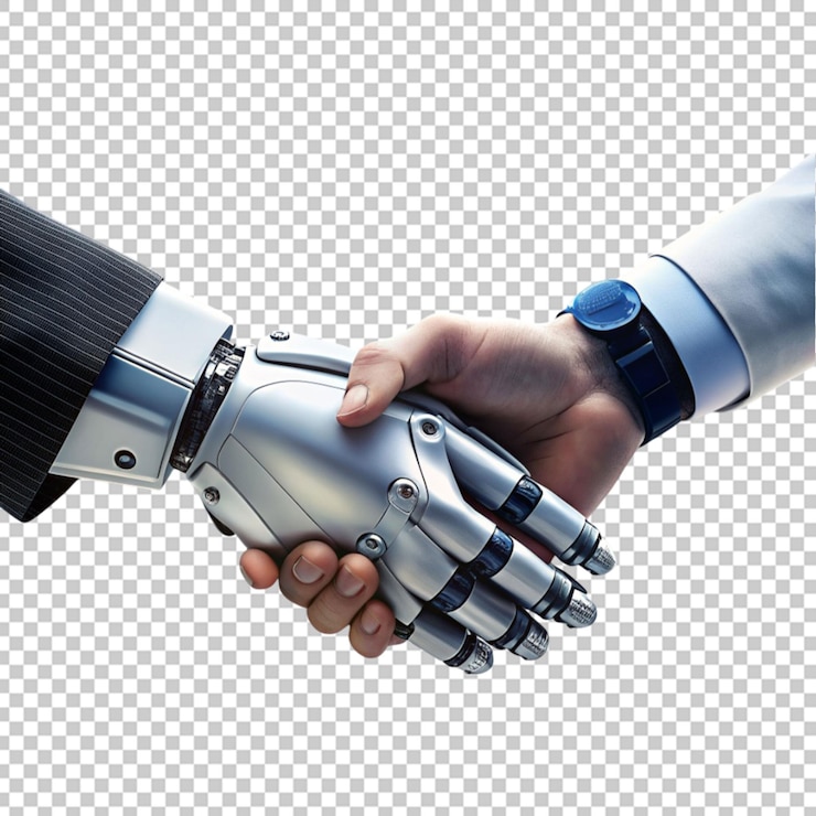 PSD cyborg robot estrechando la mano con un hombre de negocios