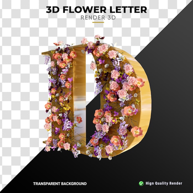 D-buchstabe 3d-blumen und blätter in hoher qualität realistisch rendern glänzende orangefarbene textur