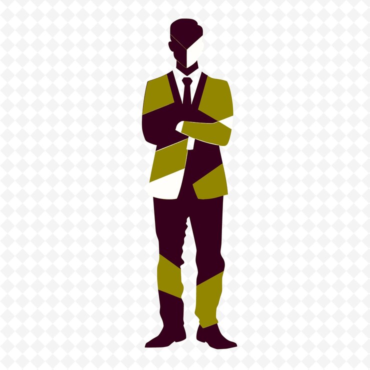 PSD d1 cuerpo completo del candidato en postura confiada icono estilo fauvista diseños abstractos icónicos aislados