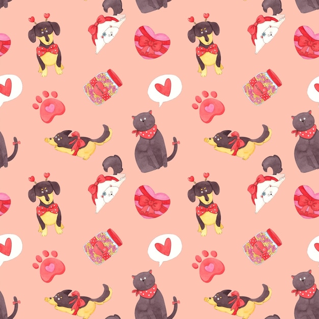 Dachshund correndo um frasco de comida para cães um gato gordo amarrado com um laço de aquarela desenhada à mão padrão sem costura