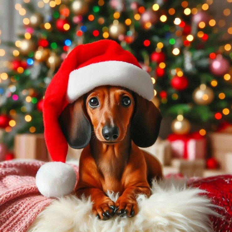 PSD un dachshund con un sombrero de santa se sienta en una manta roja y blanca