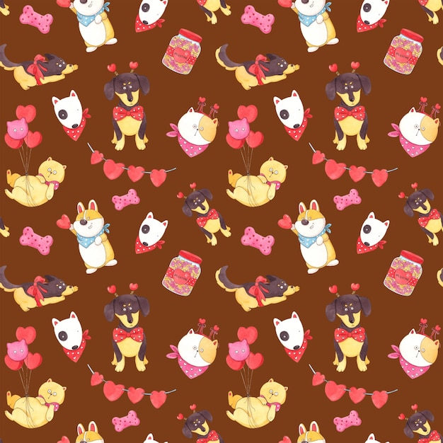 Dachshund yellow cat tied with balloons food jar dog bones handdrawn watercolor seamless pattern