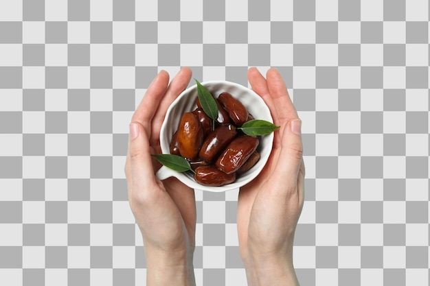 Dadas secas em uma tigela branca nas mãos vista superior isolada em fundo branco PNG